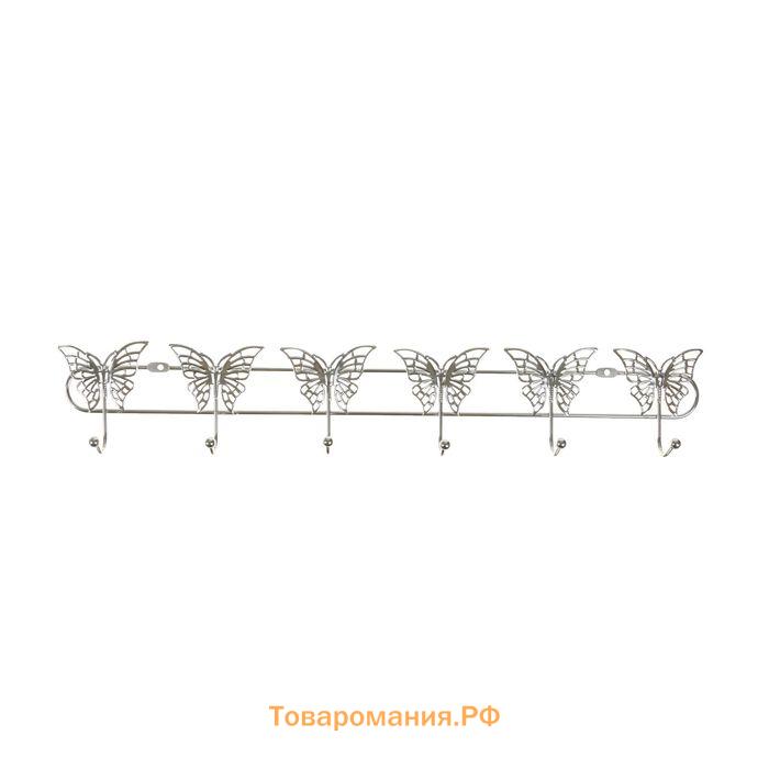 Вешалка настенная  «Бабочки», 6 крючков, 34.5×3×6.5 см, серебряная