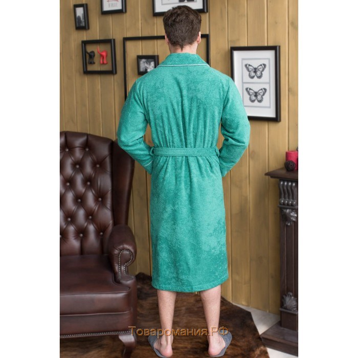 Халат мужской, шалька+кант, размер 50, цвет зелёный, махра