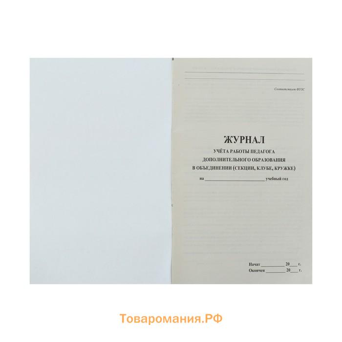 Журнал учёта работы педагога дополнительного образования в объединении (секции, клубе, кружке) А4, 20 листов, обложка офсет 120 г/м², блок писчая бумага 60 г/м²