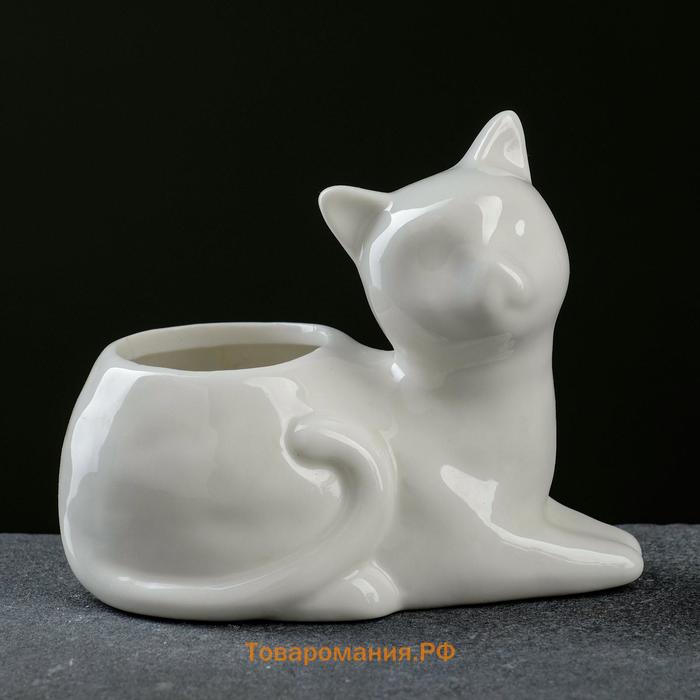 Горшок для цветов «Котёнок» керамический, 200 мл, 13×10.5×12.5 см, белый