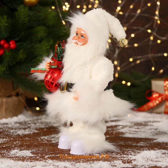Дед Мороз "В меховом белом костюмчике, с мешком" двигается, 11х30 см