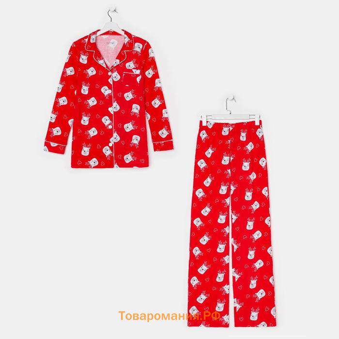 Пижама новогодняя женская (рубашка и брюки) KAFTAN Мишки, цвет красный, размер 52-54