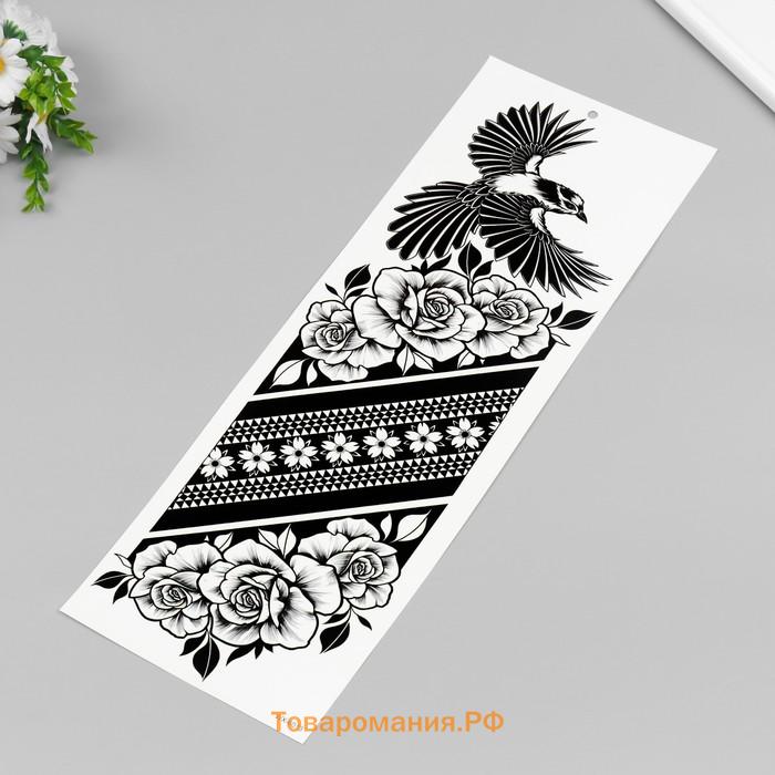 Переводная тату на тело чёрная «Птица и розы», 48×17 см