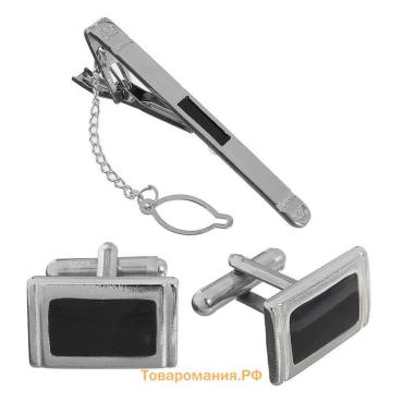 Набор мужской медный «Запонки + Зажим для галстука» прямоугольник с эмалью, чёрно-серебристый