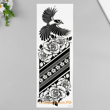 Переводная тату на тело чёрная «Птица и розы», 48×17 см